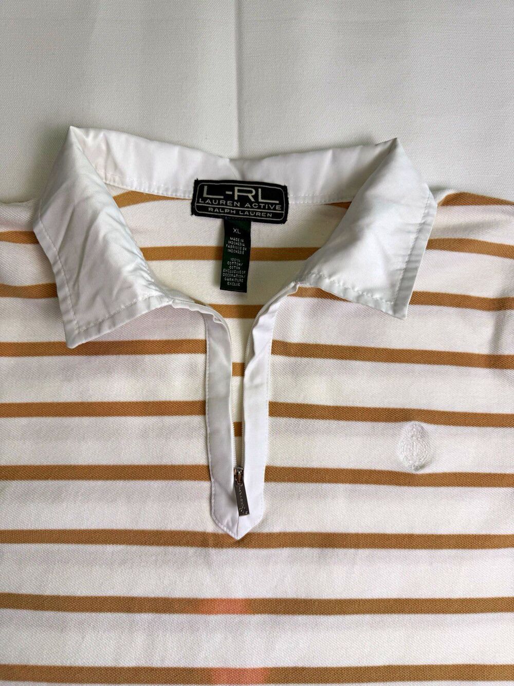 Lauren Ralph Lauren Active Women's XL White Tan Striped 1/4 Zip Cotton Polo